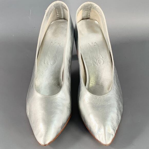 MARTINIANO Size 7.5 Metallic Silver Kidskin Leather Pointed Toe Pumps - Picture 4 of 10